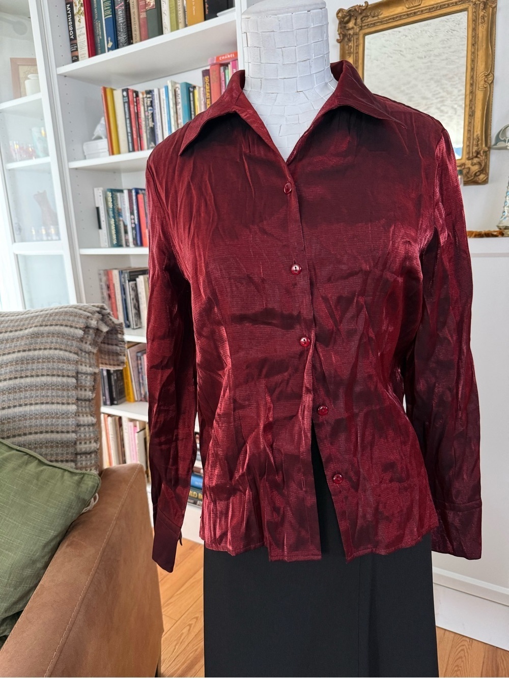 Vintage 90s Iridescent Crinkled Silk-Look Blouse in Burgundy Red – Size M/L